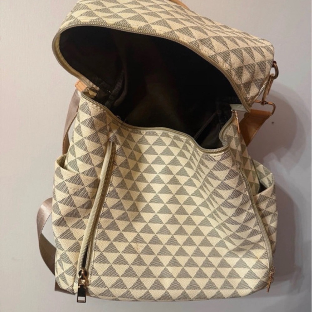 Geometric Patterned Cream and Brown Backpack